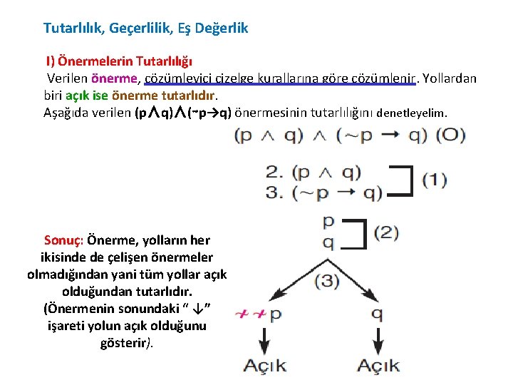 Tutarlılık, Geçerlilik, Eş Değerlik I) Önermelerin Tutarlılığı Verilen önerme, çözümleyici çizelge kurallarına göre çözümlenir.