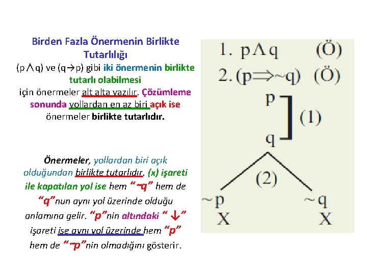 Birden Fazla Önermenin Birlikte Tutarlılığı (p∧q) ve (q→p) gibi iki önermenin birlikte tutarlı olabilmesi