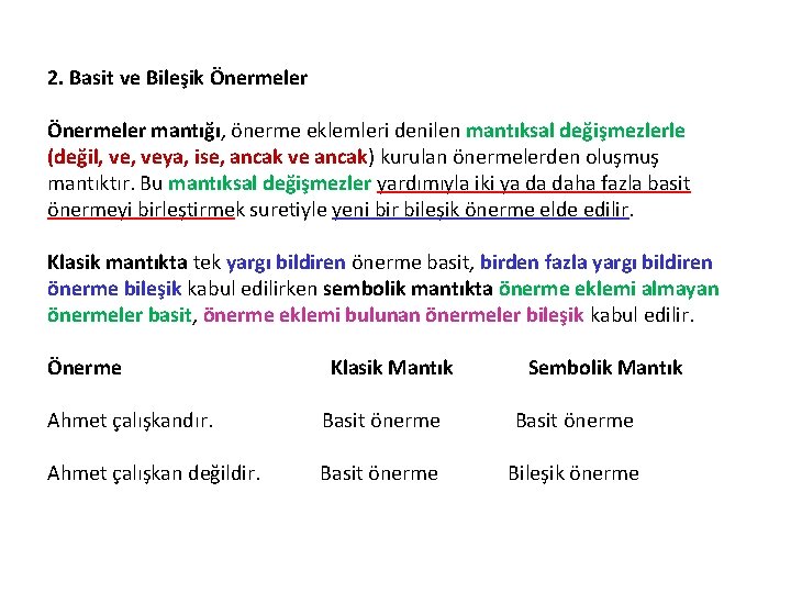 2. Basit ve Bileşik Önermeler mantığı, önerme eklemleri denilen mantıksal değişmezlerle (değil, veya, ise,