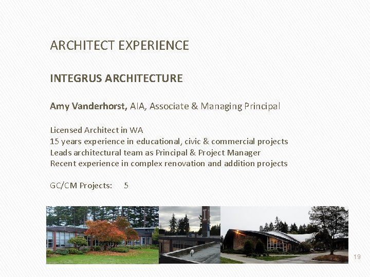 ARCHITECT EXPERIENCE INTEGRUS ARCHITECTURE Amy Vanderhorst, AIA, Associate & Managing Principal Licensed Architect in