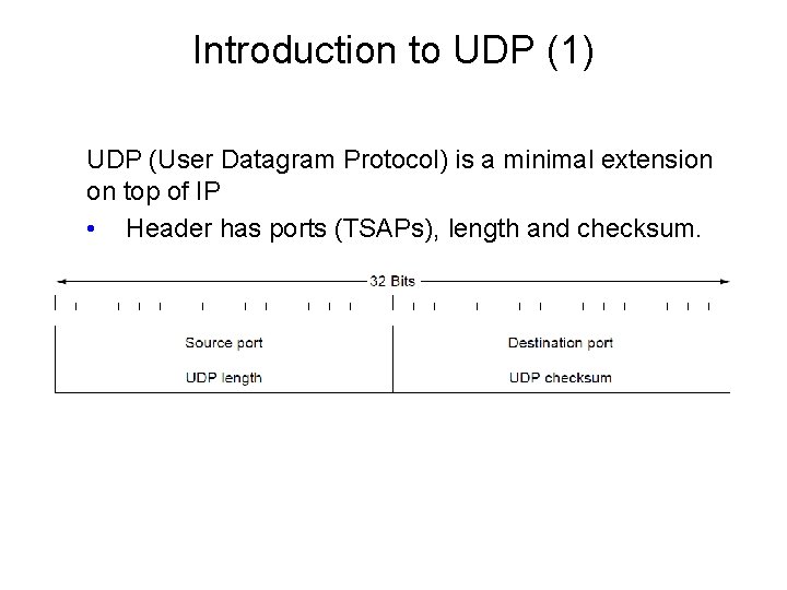 Introduction to UDP (1) UDP (User Datagram Protocol) is a minimal extension on top