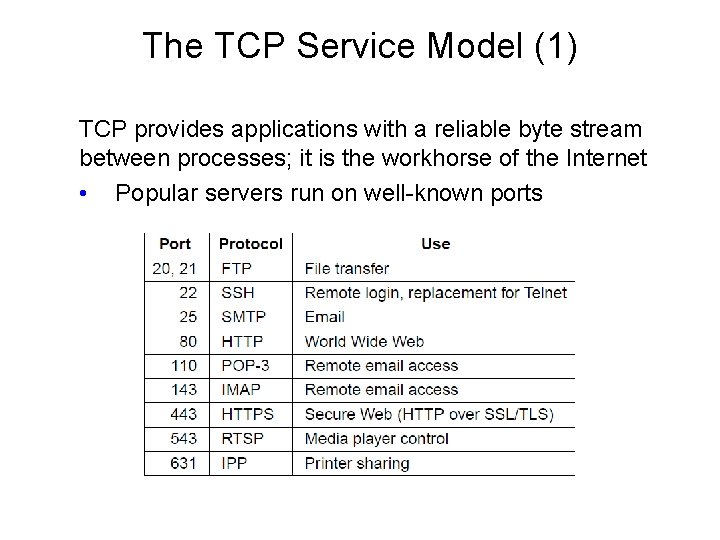 The TCP Service Model (1) TCP provides applications with a reliable byte stream between