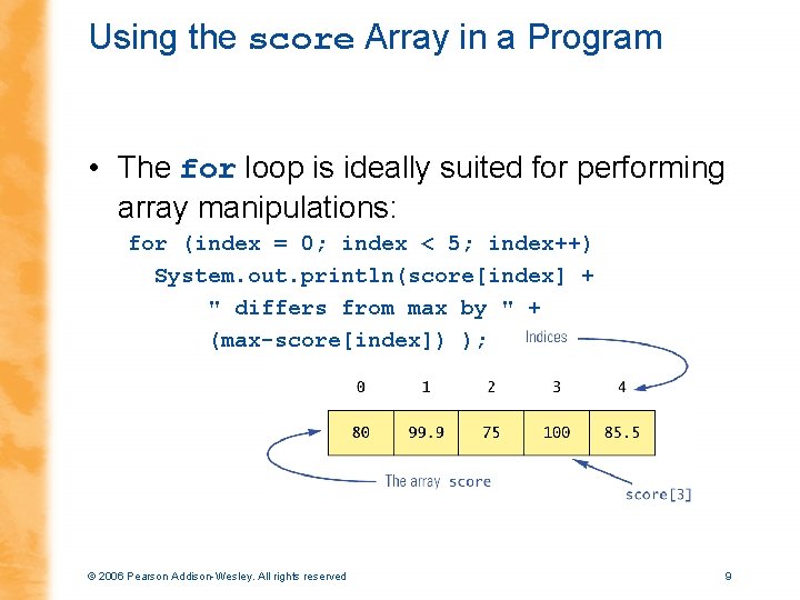 Using the score Array in a Program • The for loop is ideally suited
