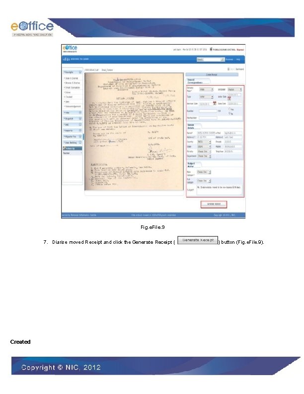 Fig. e. File. 9 7. Diarise moved Receipt and click the Generate Receipt (