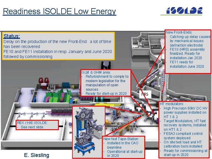 Readiness ISOLDE Low Energy Status: Delay on the production of the new Front-End: a