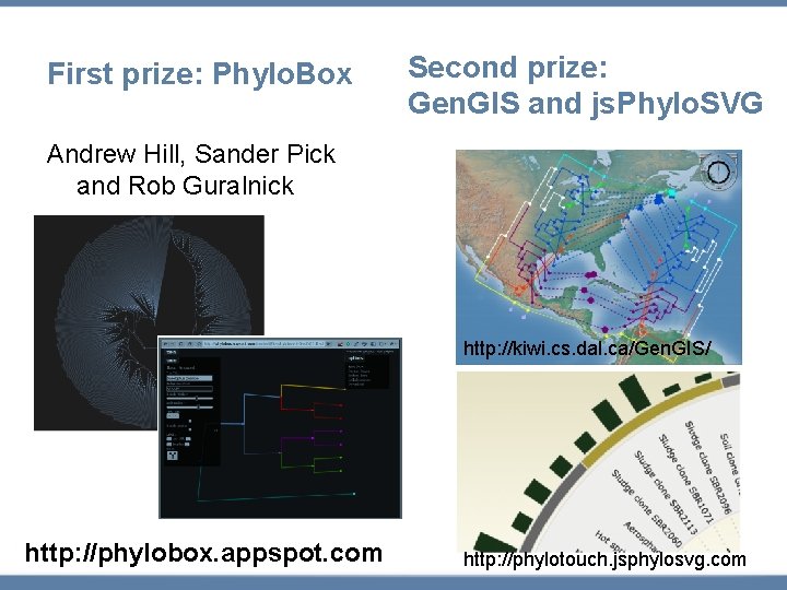 First prize: Phylo. Box Second prize: Gen. GIS and js. Phylo. SVG Andrew Hill,