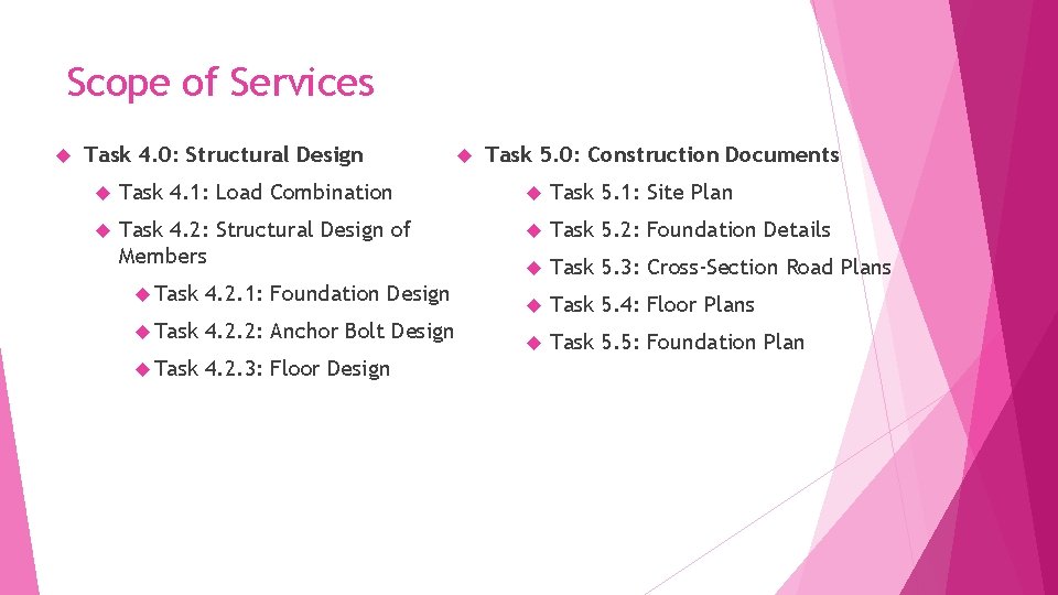 Scope of Services Task 4. 0: Structural Design Task 5. 0: Construction Documents Task