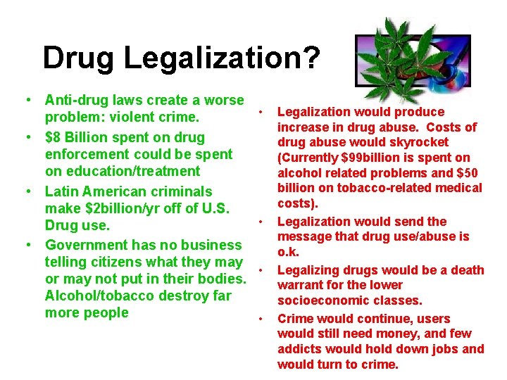 Drug Legalization? • Anti-drug laws create a worse problem: violent crime. • $8 Billion