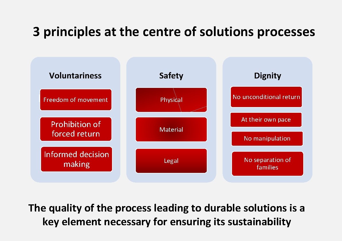 3 principles at the centre of solutions processes Voluntariness Safety Dignity Freedom of movement