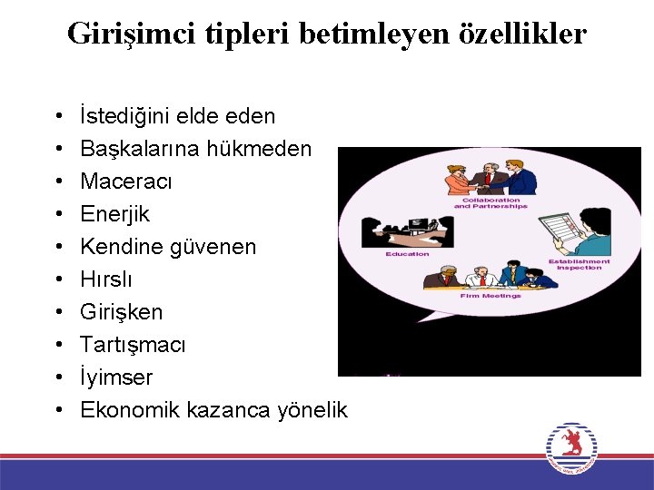 Girişimci tipleri betimleyen özellikler • • • İstediğini elde eden Başkalarına hükmeden Maceracı Enerjik