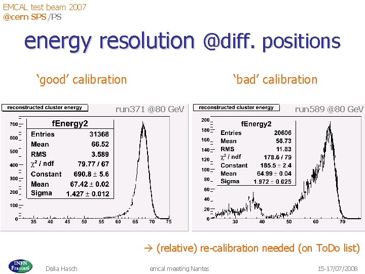 EMCAL test beam 2007 @cern SPS/PS energy resolution @diff. positions ‘good’ calibration ‘bad’ calibration