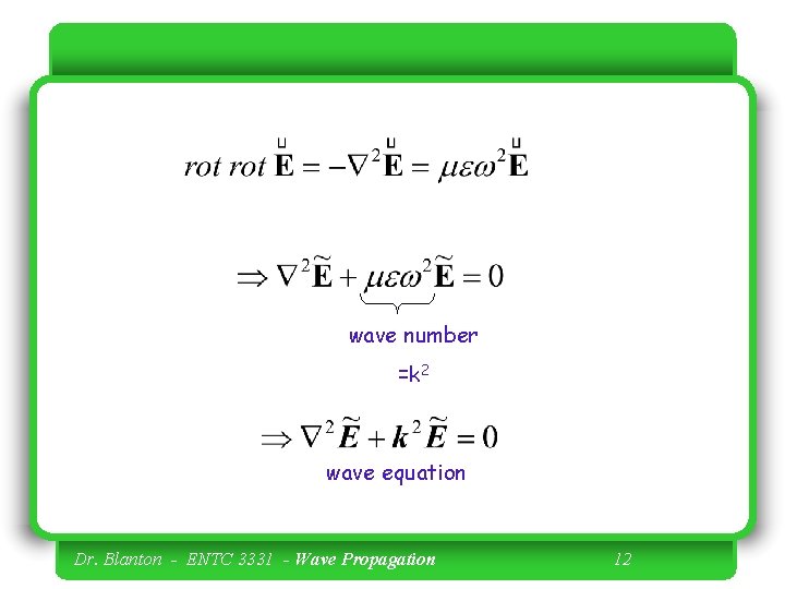 wave number =k 2 wave equation Dr. Blanton - ENTC 3331 - Wave Propagation
