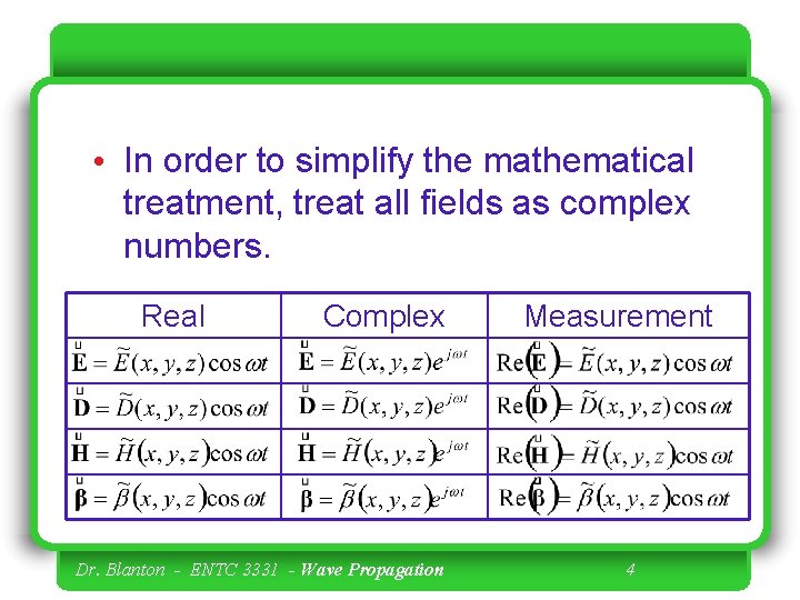  • In order to simplify the mathematical treatment, treat all fields as complex