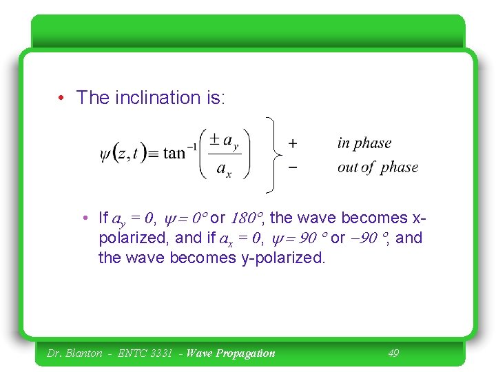  • The inclination is: • If ay = 0, y = 0 or