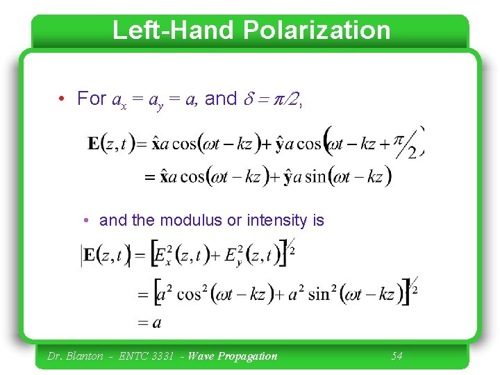 Left-Hand Polarization • For ax = ay = a, and d = p/2, •