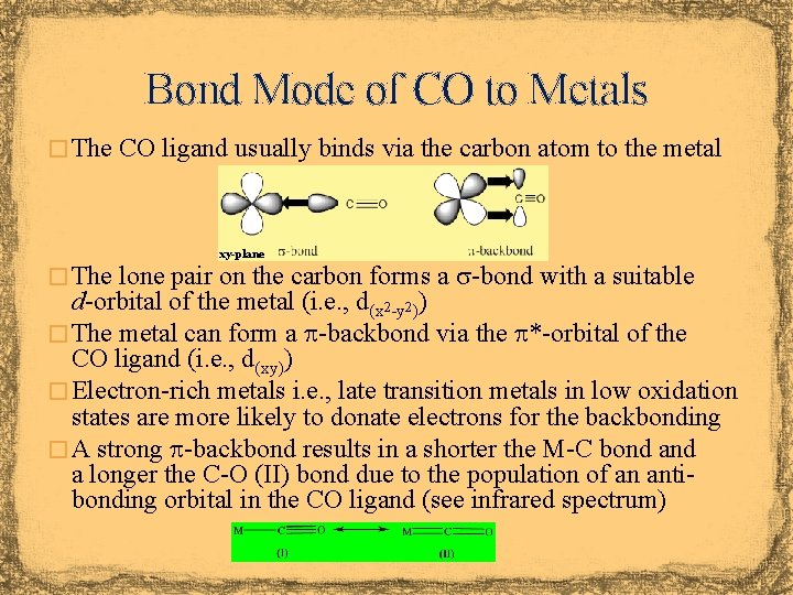 Bond Mode of CO to Metals � The CO ligand usually binds via the