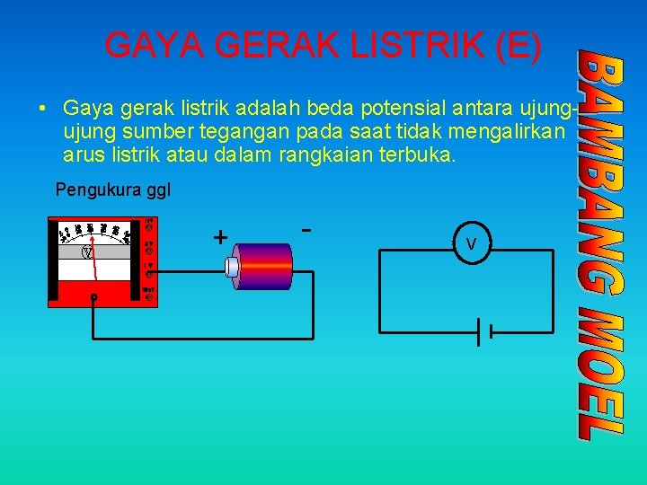 GAYA GERAK LISTRIK (E) • Gaya gerak listrik adalah beda potensial antara ujung sumber