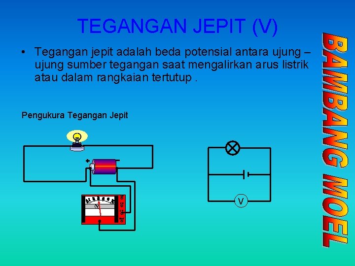 TEGANGAN JEPIT (V) • Tegangan jepit adalah beda potensial antara ujung – ujung sumber