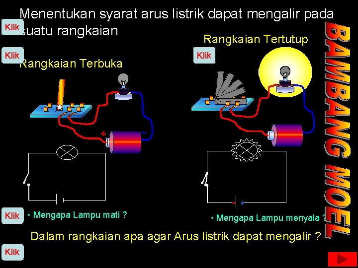 Menentukan syarat arus listrik dapat mengalir pada Klik suatu rangkaian Rangkaian Tertutup Klik Rangkaian