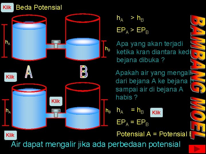 Klik Beda Potensial h. A > h. B EPA > EPB h. A h.