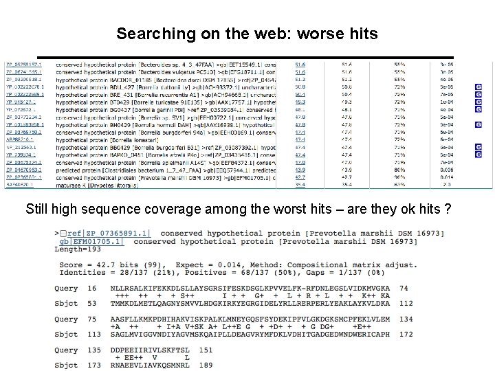 Searching on the web: worse hits Still high sequence coverage among the worst hits
