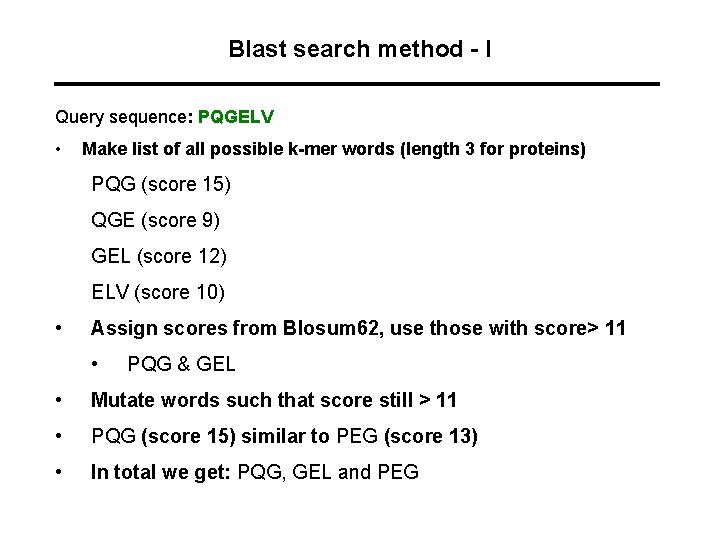 Blast search method - I Query sequence: PQGELV • Make list of all possible