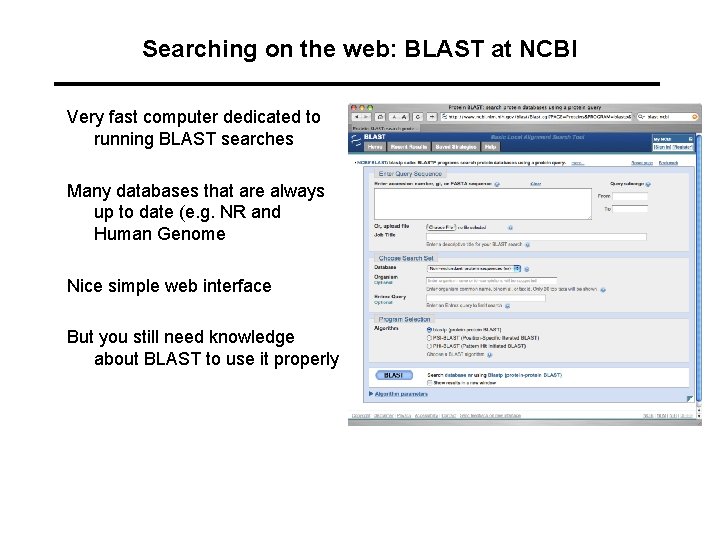 Searching on the web: BLAST at NCBI Very fast computer dedicated to running BLAST