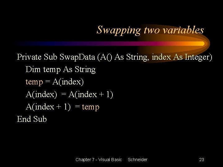 Swapping two variables Private Sub Swap. Data (A() As String, index As Integer) Dim