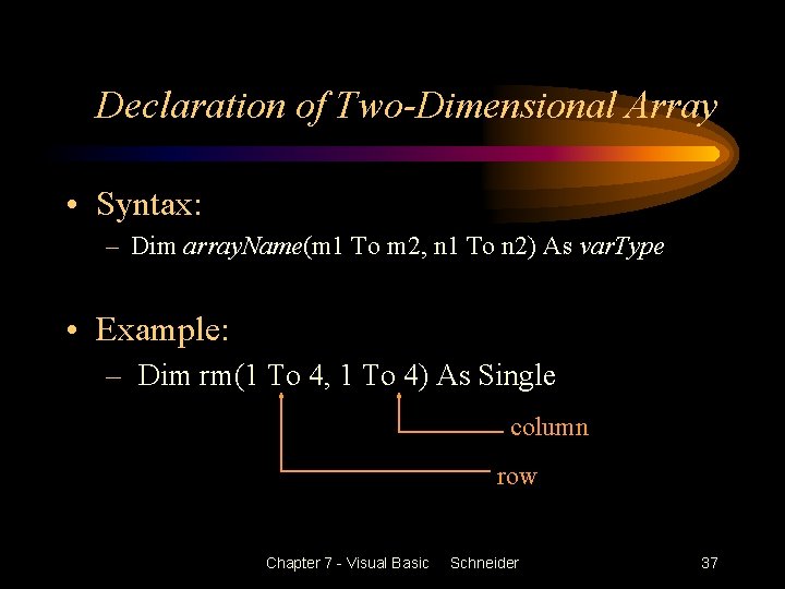Declaration of Two-Dimensional Array • Syntax: – Dim array. Name(m 1 To m 2,