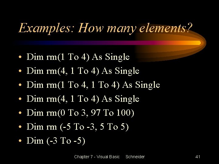 Examples: How many elements? • • Dim rm(1 To 4) As Single Dim rm(4,