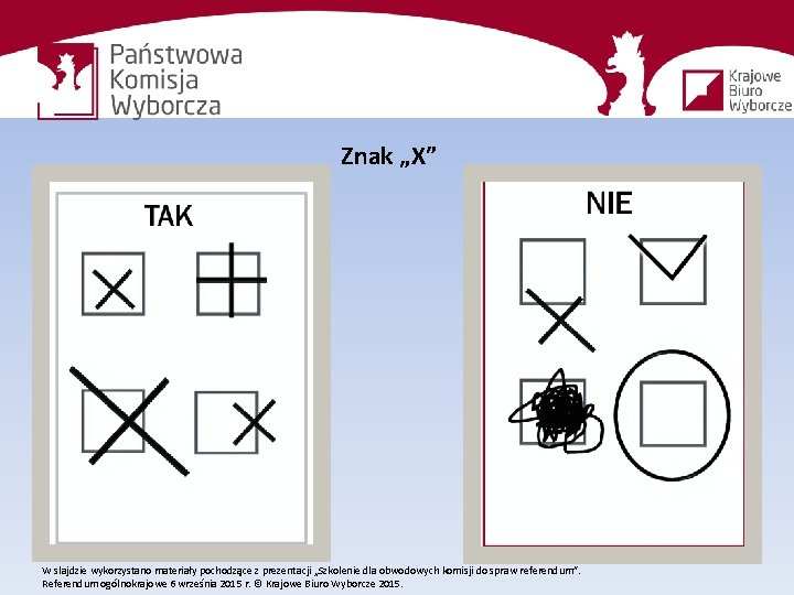 Znak „X” W slajdzie wykorzystano materiały pochodzące z prezentacji „Szkolenie dla obwodowych komisji do