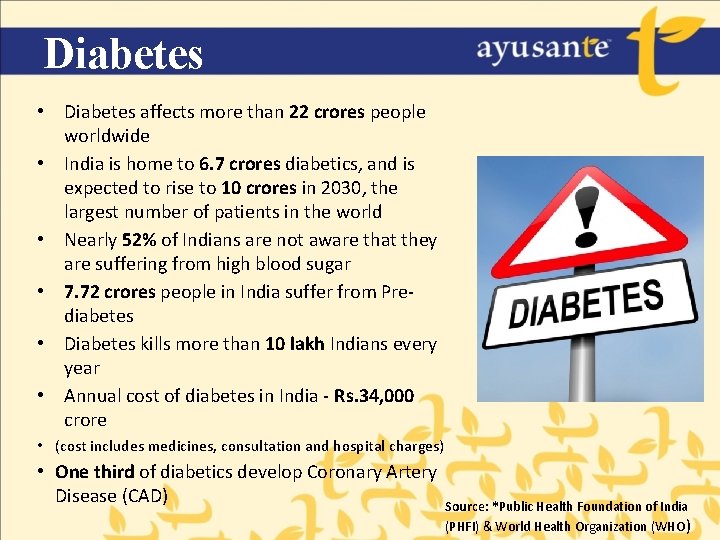 Diabetes • Diabetes affects more than 22 crores people worldwide • India is home