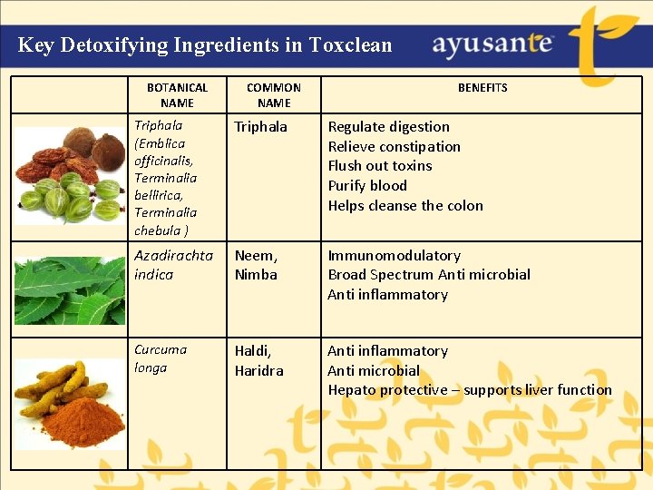 Key Detoxifying Ingredients in Toxclean BOTANICAL NAME COMMON NAME BENEFITS Triphala (Emblica officinalis, Terminalia