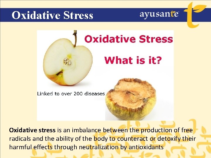 Oxidative Stress Oxidative stress is an imbalance between the production of free radicals and