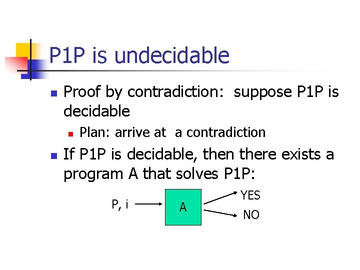 P 1 P is undecidable n Proof by contradiction: suppose P 1 P is P 1 P is undecidable n Proof by contradiction: suppose P 1 P is