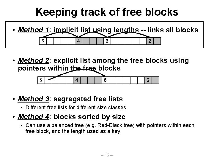 Keeping track of free blocks • Method 1: implicit list using lengths -- links