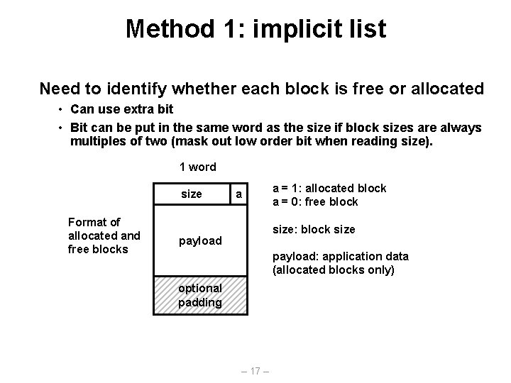 Method 1: implicit list Need to identify whether each block is free or allocated