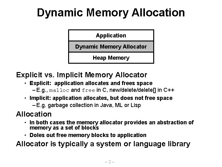 Dynamic Memory Allocation Application Dynamic Memory Allocator Heap Memory Explicit vs. Implicit Memory Allocator