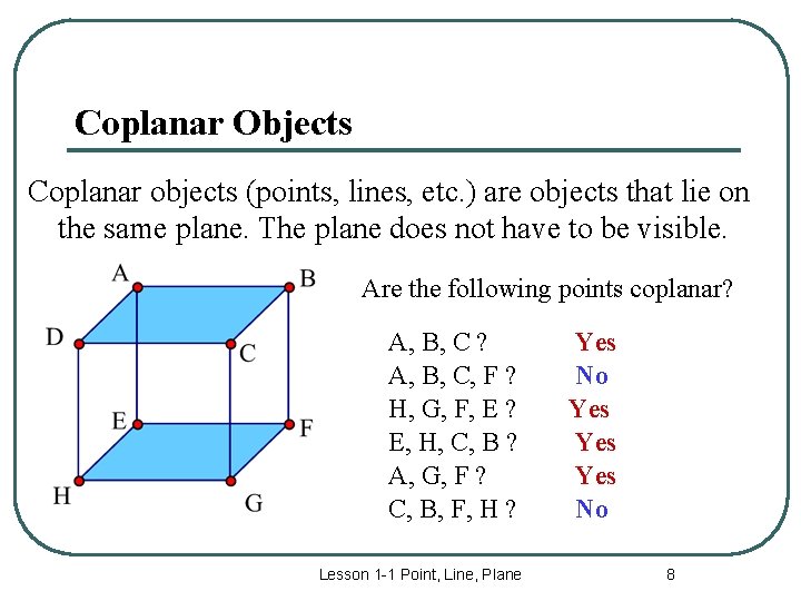 Coplanar Objects Coplanar objects (points, lines, etc. ) are objects that lie on the