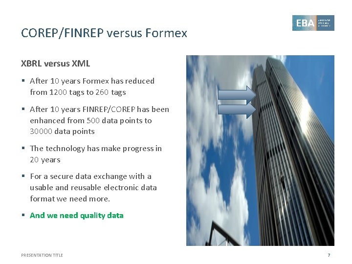 COREP/FINREP versus Formex XBRL versus XML § After 10 years Formex has reduced from