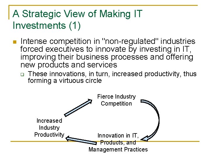 A Strategic View of Making IT Investments (1) n Intense competition in "non-regulated" industries