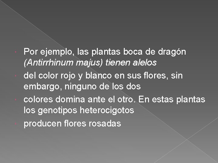 Por ejemplo, las plantas boca de dragón (Antirrhinum majus) tienen alelos del color rojo