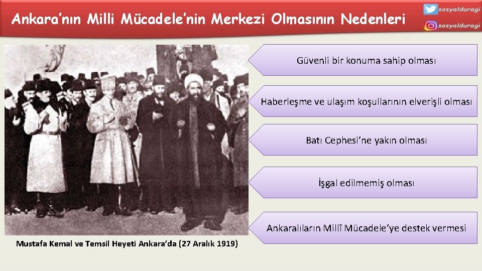 Ankara’nın Milli Mücadele’nin Merkezi Olmasının Nedenleri Güvenli bir konuma sahip olması Haberleşme ve ulaşım