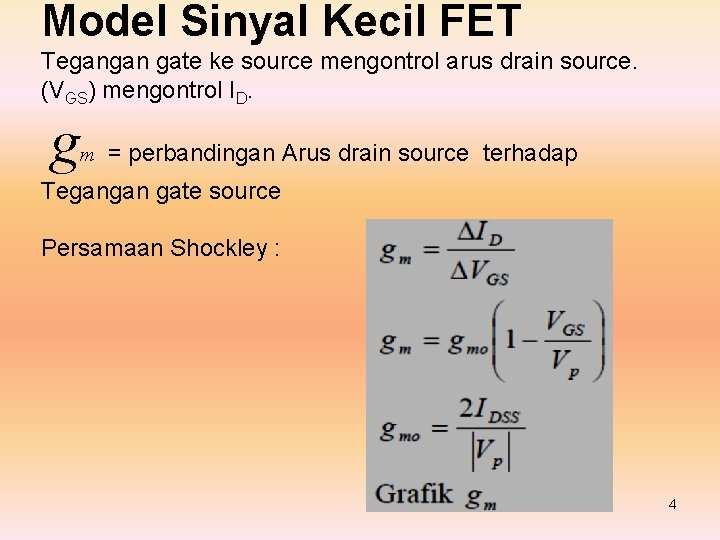 Model Sinyal Kecil FET Tegangan gate ke source mengontrol arus drain source. (VGS) mengontrol