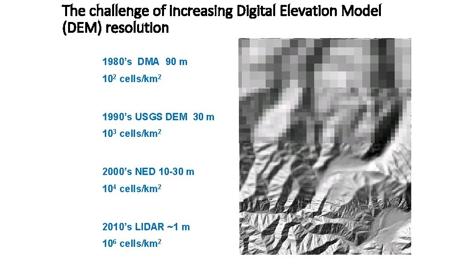 The challenge of increasing Digital Elevation Model (DEM) resolution 1980’s DMA 90 m 102