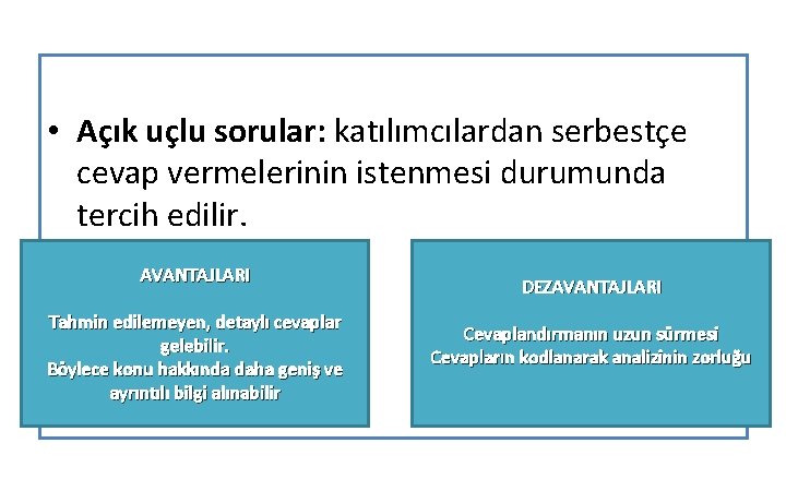  • Açık uçlu sorular: katılımcılardan serbestçe cevap vermelerinin istenmesi durumunda tercih edilir. AVANTAJLARI