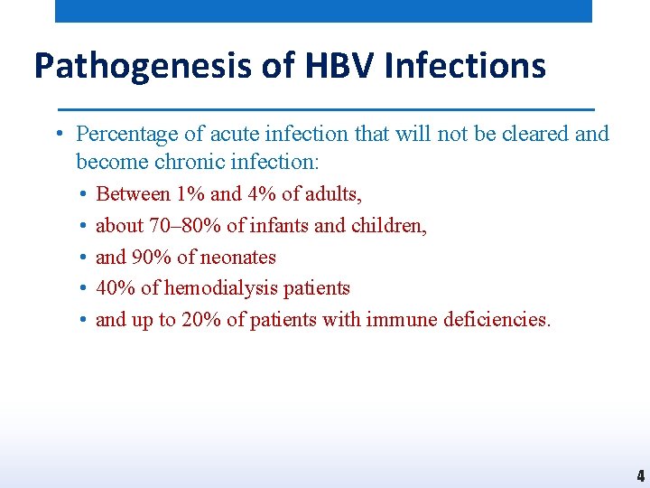 Pathogenesis of HBV Infections • Percentage of acute infection that will not be cleared