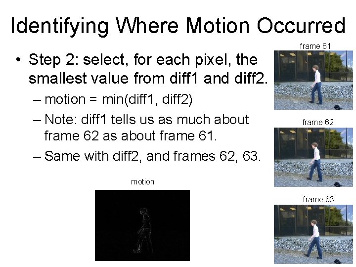 Identifying Where Motion Occurred • Step 2: select, for each pixel, the smallest value
