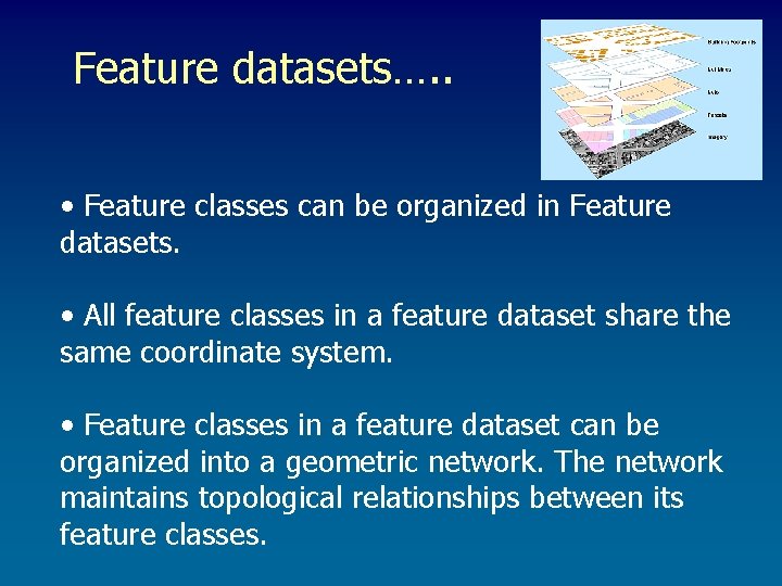 Feature datasets…. . • Feature classes can be organized in Feature datasets. • All Feature datasets…. . • Feature classes can be organized in Feature datasets. • All