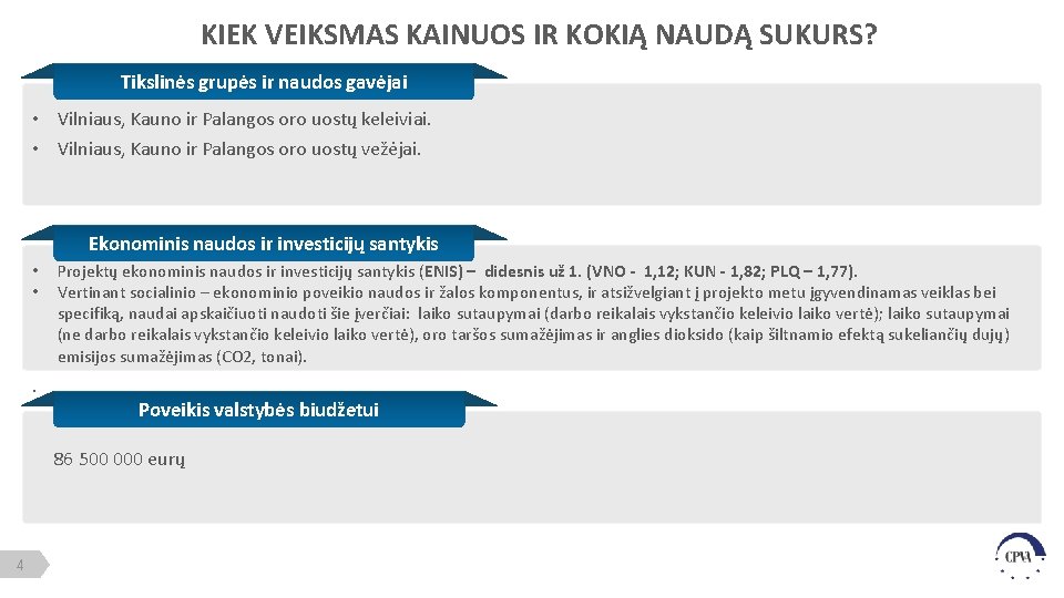 KIEK VEIKSMAS KAINUOS IR KOKIĄ NAUDĄ SUKURS? Tikslinės grupės ir naudos gavėjai • Vilniaus,